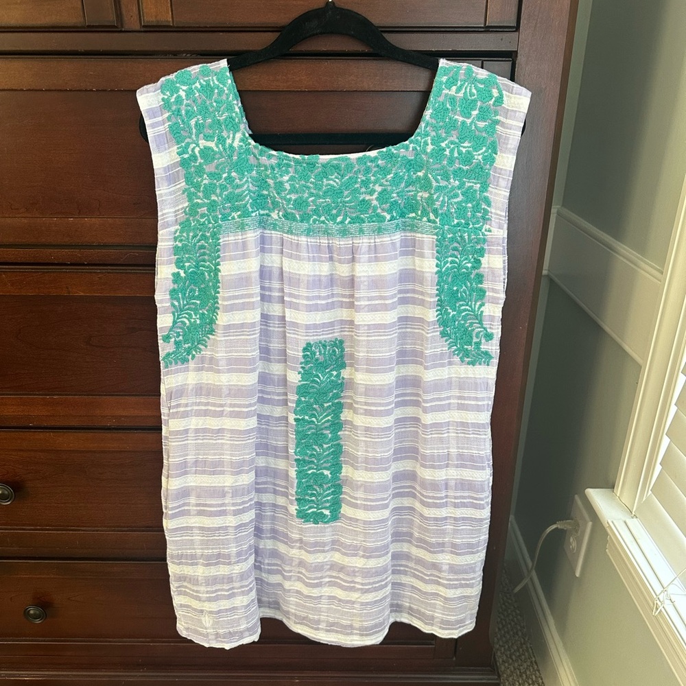 Embroidered Cotton Tunic Dress in Lavender and Teal